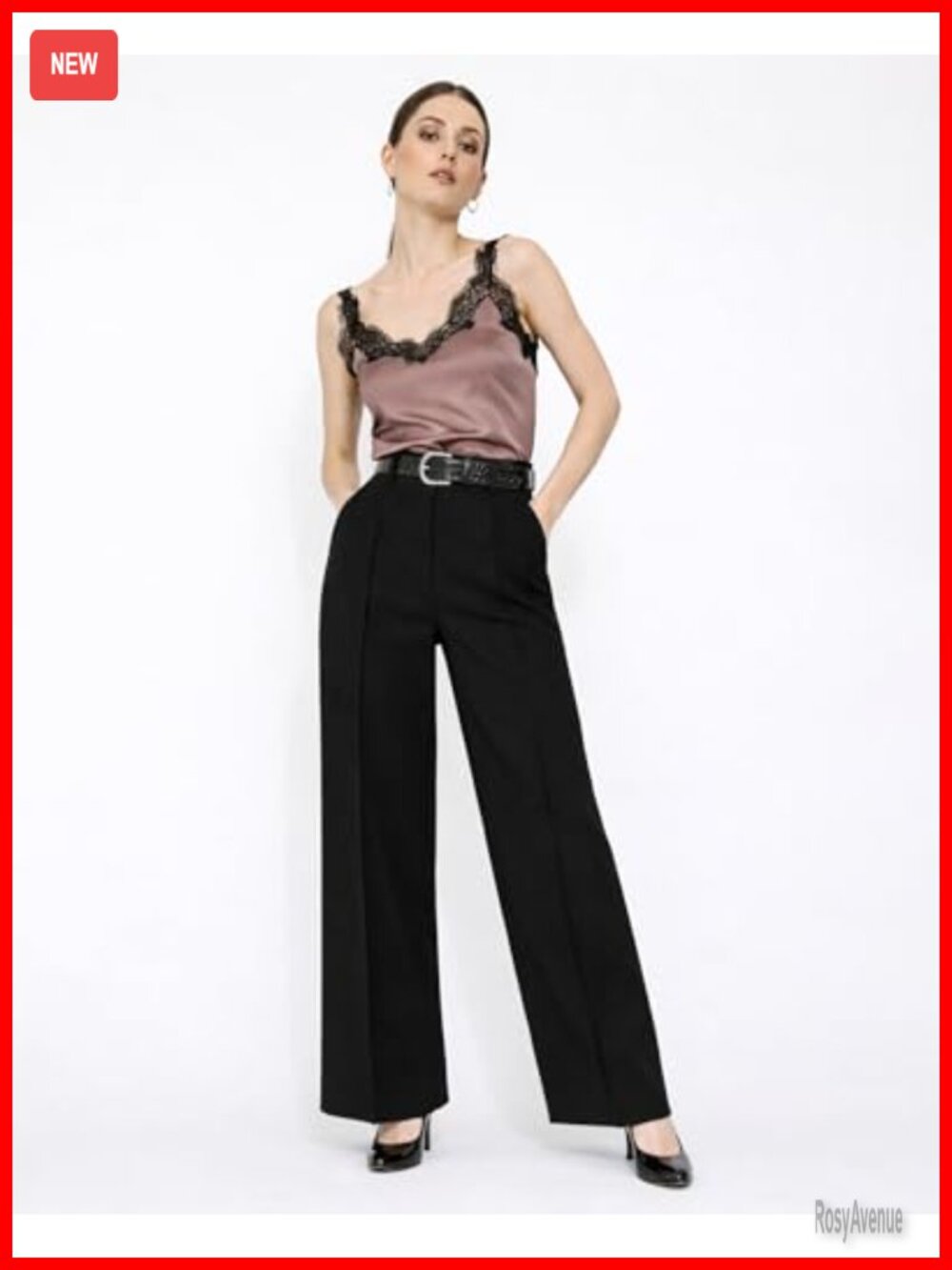 Wide Leg Dress Pants Stretchy Pull On High Waisted Slacks with Pockets - Picture 2 of 7